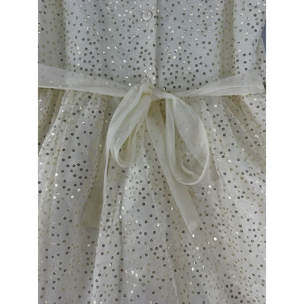 JONA MICHELLE‎ Dress Girls Size 12 Ivory/ White Gold Sequins Bow Holiday EUC